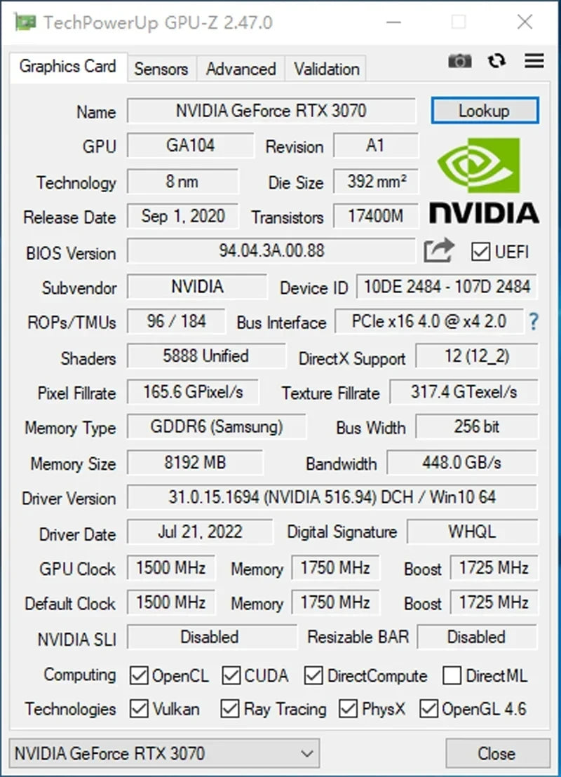 USED RTX 3070 8GB Gaming Graphics Card NVIDIA GPU Placa De Video GDDR6 256bit HDMI*1 DP*3 PCI-E 4.0 x16 rtx 3070 8gb Video Card