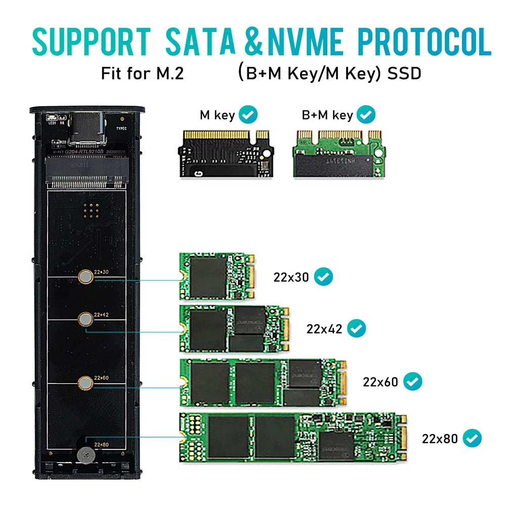 Aluminum Alloy M.2 HDD Enclosure Case Hard Drive Box B-KEY External Hard Drive Box USB C Interface Support SATA Protocol