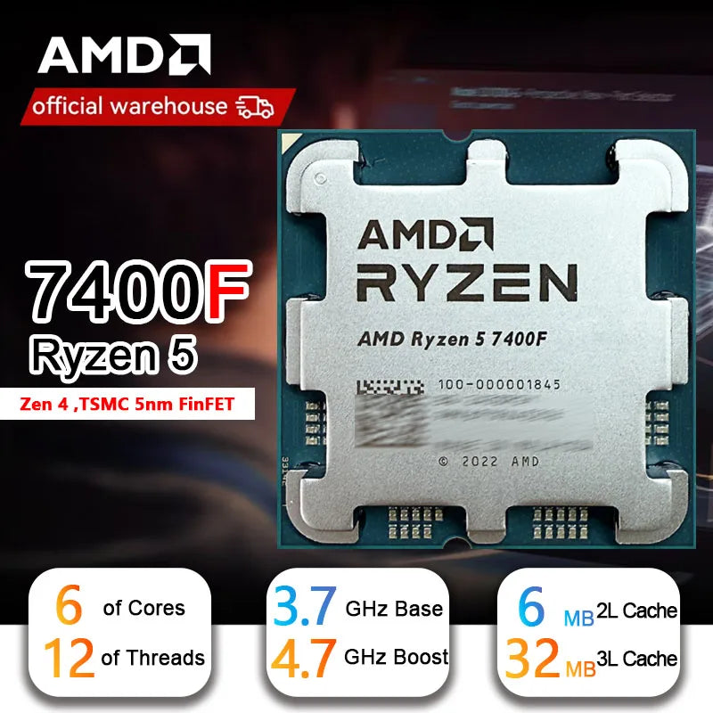 AMD Ryzen 5 7400F New R5 7400F 3.7GHz 5NM L3=32M  100-000001845 Socket AM5 Tray  but without cooler