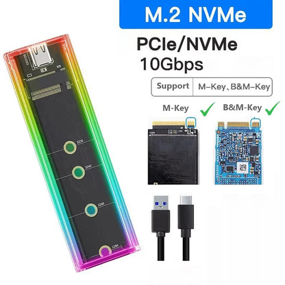 RGB M.2 NVME PCIe NGFF SATA Dual Protocol SSD Case Clear USB Type C 10Gbps PCI-E M2 SSD External Enclosure Hard M/B Key Disk Box