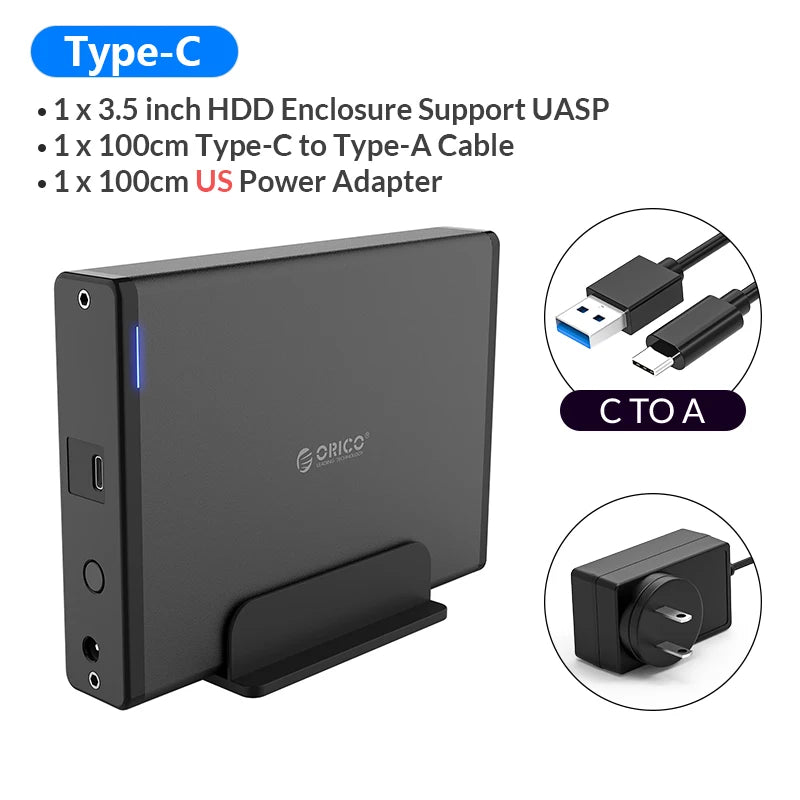 ORICO 3.5" HDD Case SATA to USB C 6Gbps External Hard Drive Case for 3.5 inch HDD Enclosure with 12V Power Adapter for PC Laptop